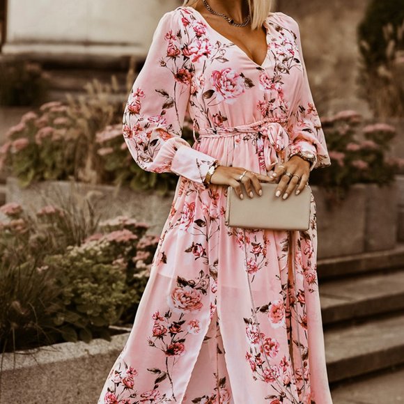 Floral Tie Belt Bishop Sleeve Slit Maxi Dress